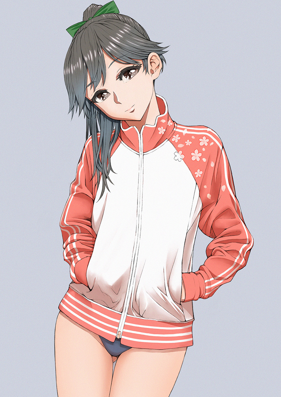 1girl adapted_costume ass_visible_through_thighs black_hair blue_buruma brown_eyes buruma commentary_request cowboy_shot floral_print grey_background hands_in_pockets head_tilt highres houshou_(kantai_collection) jacket kantai_collection long_hair looking_at_viewer ponytail simple_background solo standing thigh_gap track_jacket two-tone_jacket yuichi_(sp_sakura_yoshi)