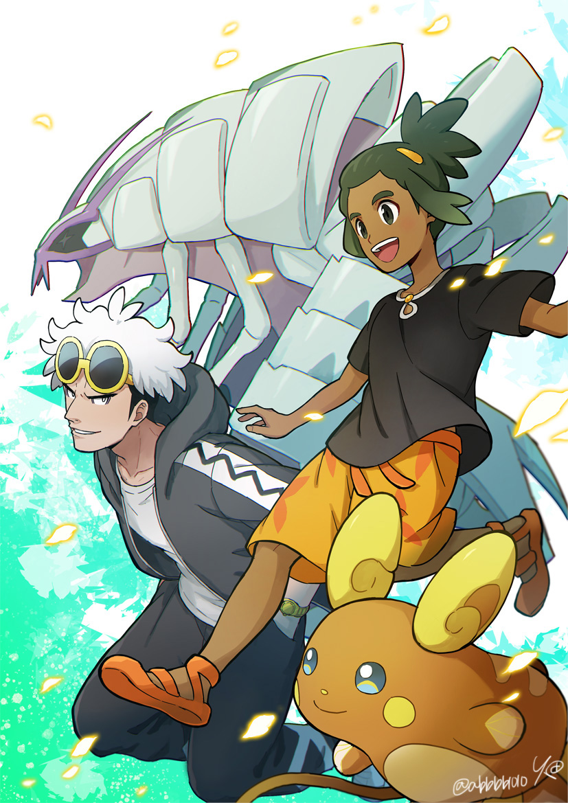 :d alolan_form alolan_raichu black_hair black_hoodie black_pants black_shirt commentary_request gen_7_pokemon golisopod green_hair guzma_(pokemon) hand_in_pocket hau_(pokemon) hood hoodie knees multicolored_hair open_mouth orange_footwear orange_shorts pants parted_lips pokemon pokemon_(creature) pokemon_(game) pokemon_sm sandals sewenan shirt shorts smile sunglasses teeth tongue two-tone_hair watch watch white_hair white_shirt yellow-framed_eyewear