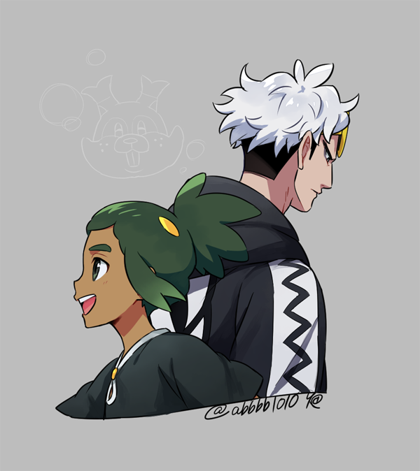 2boys :d artist_name back-to-back black_hair black_hoodie black_shirt closed_mouth commentary_request dark_skin dark_skinned_male green_eyes green_hair grey_background grey_hair guzma_(pokemon) hau_(pokemon) hood hoodie male_focus multicolored_hair multiple_boys open_mouth pokemon pokemon_(game) pokemon_sm sewenan shirt simple_background smile sunglasses teeth tongue two-tone_hair undercut upper_body yellow-framed_eyewear