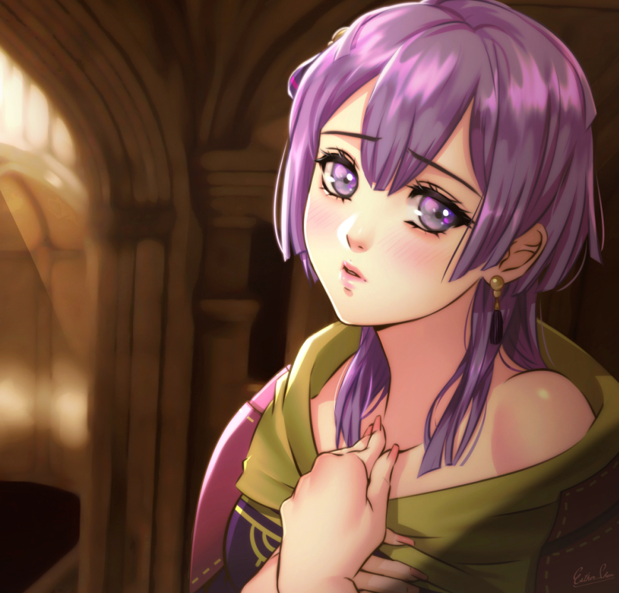1girl bangs bare_shoulders bernadetta_von_varley blush collarbone earrings esther eyebrows_visible_through_hair fire_emblem fire_emblem:_three_houses hair_between_eyes indoors jewelry long_hair looking_at_viewer parted_lips purple_hair shiny shiny_hair shiny_skin signature solo upper_body violet_eyes