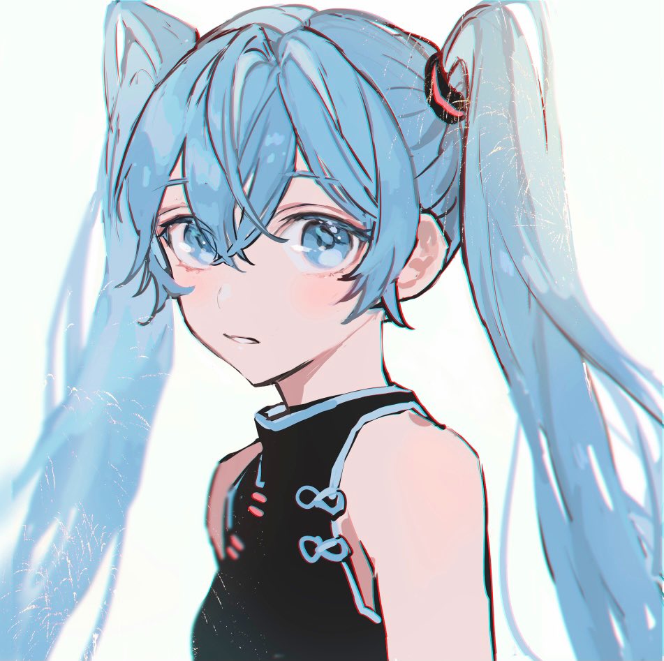 1girl aqua_eyes aqua_hair bare_shoulders black_shirt commentary hair_tie hatsune_miku long_hair looking_at_viewer makoto_(roketto-massyumaro) parted_lips shirt sleeveless sleeveless_shirt solo twintails twintails_day upper_body very_long_hair vocaloid