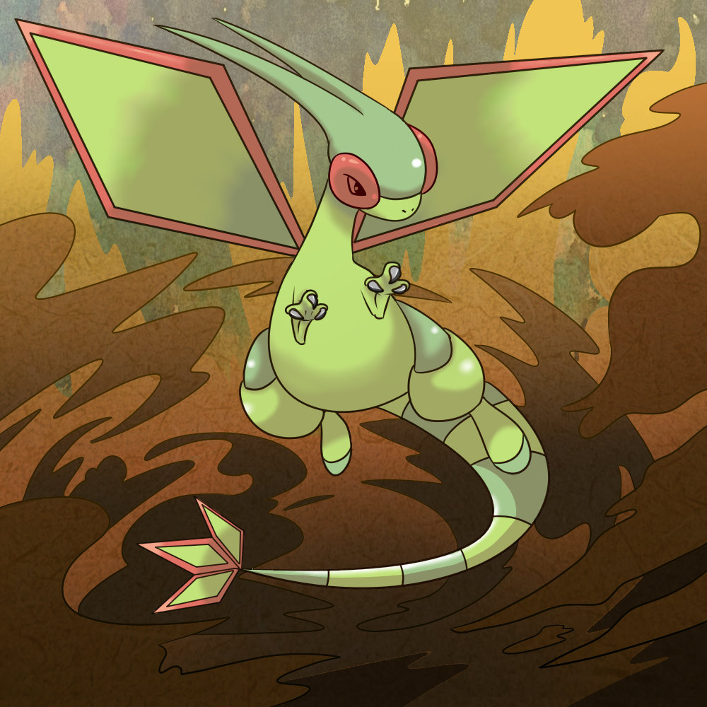 claws commentary_request floating flygon full_body gen_3_pokemon hands_up looking_to_the_side no_humans pokemon pokemon_(creature) sand shiny shuga_(mhwii)