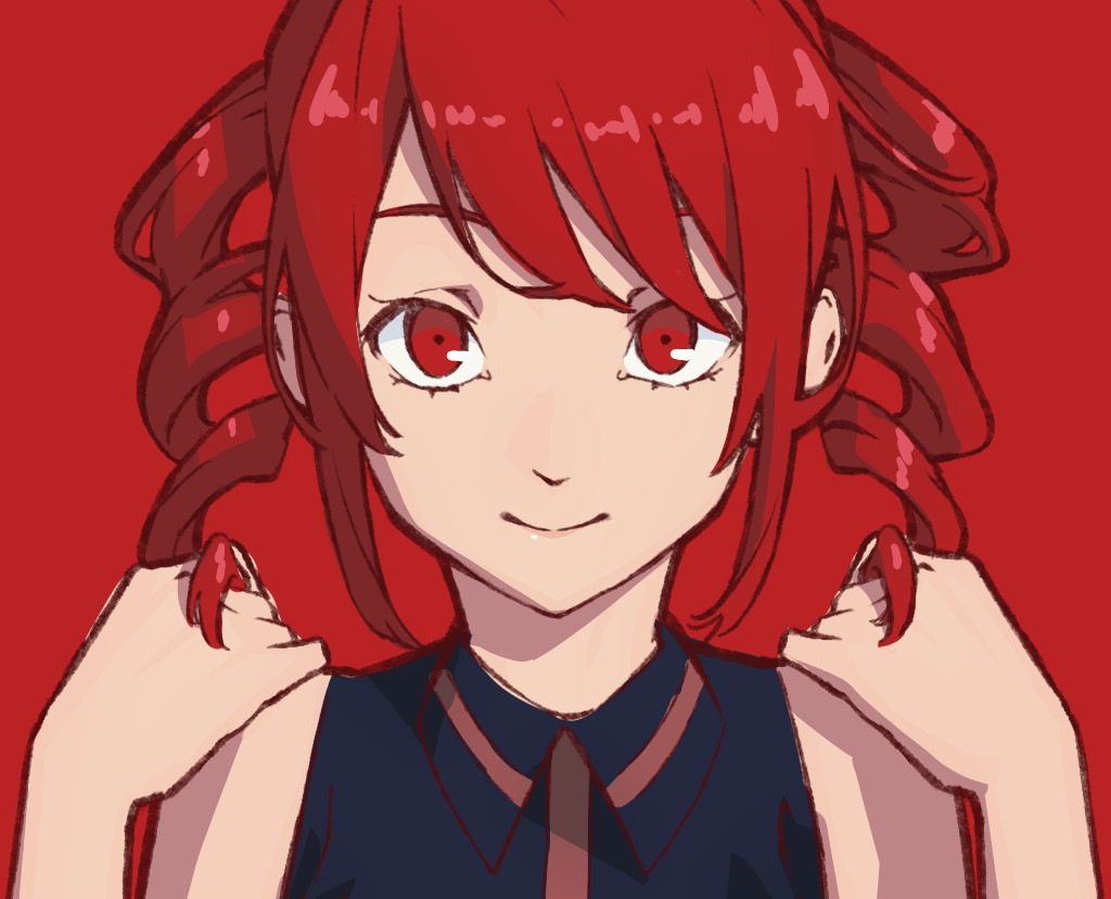 1girl bare_shoulders black_shirt commentary drill_hair hands_on_own_shoulders kasane_teto looking_at_viewer portrait red_background red_eyes redhead shirt short_hair sleeveless sleeveless_shirt smile solo twin_drills twintails_day utau yasutange