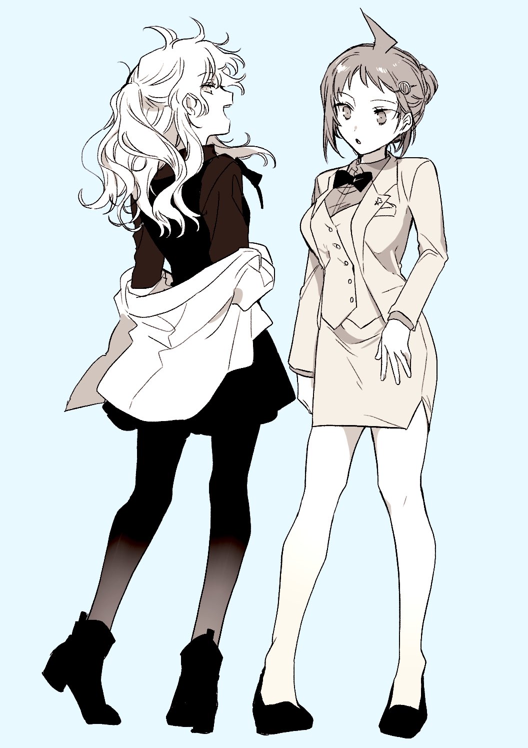 2girls ahoge bangs beige_jacket beige_shirt black_footwear black_neckwear black_skirt bow bowtie breast_pocket breasts brown_bow brown_hair brown_shirt collared_shirt commentary_request contrapposto dangan_ronpa_(series) dangan_ronpa_10th_anniversary_costume dangan_ronpa_2:_goodbye_despair full_body genderswap genderswap_(mtf) grey_background hair_ornament hairclip high_heels highres hinata_hajime jacket komaeda_nagito long_hair long_sleeves medium_breasts messy_hair monochrome multiple_girls off_shoulder official_alternate_costume open_mouth pantyhose pocket red_shirt shiny shiny_hair shirt short_hair simple_background skirt standing white_jacket white_legwear zang_li