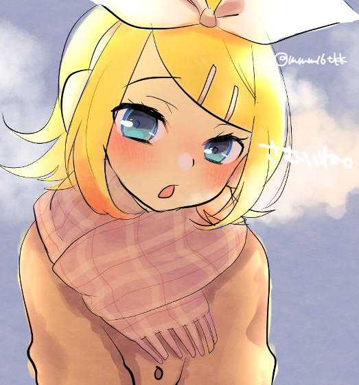 1girl blonde_hair blue_eyes blush bow breath brown_sweater hair_bow hair_ornament hairclip half-closed_eyes head_tilt headphones headset kagamine_rin kawahara_chisato leaning_forward looking_at_viewer open_mouth scarf sketch solo sweater vocaloid