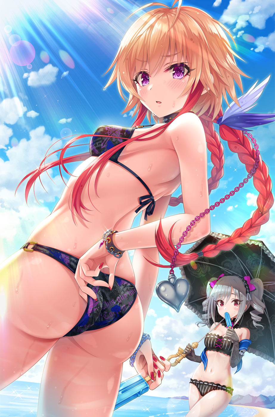 2girls adjusting_clothes adjusting_swimsuit antenna_hair ass bare_arms bare_shoulders bikini black_bikini black_gloves black_umbrella blue_sky bow bracelet braid breasts brown_hair clothes_writing clouds collarbone commentary_request day drill_hair elbow_gloves food gloves grey_hair hair_bow highres holding holding_food holding_umbrella idolmaster idolmaster_cinderella_girls jewelry kanzaki_ranko long_hair looking_at_viewer looking_back medium_breasts multicolored_hair multiple_girls nail_polish ninomiya_asuka outdoors pink_bow popsicle red_nails redhead sky sweat swimsuit twin_braids twin_drills twintails two-tone_hair umbrella urabi_(tomatohouse) very_long_hair