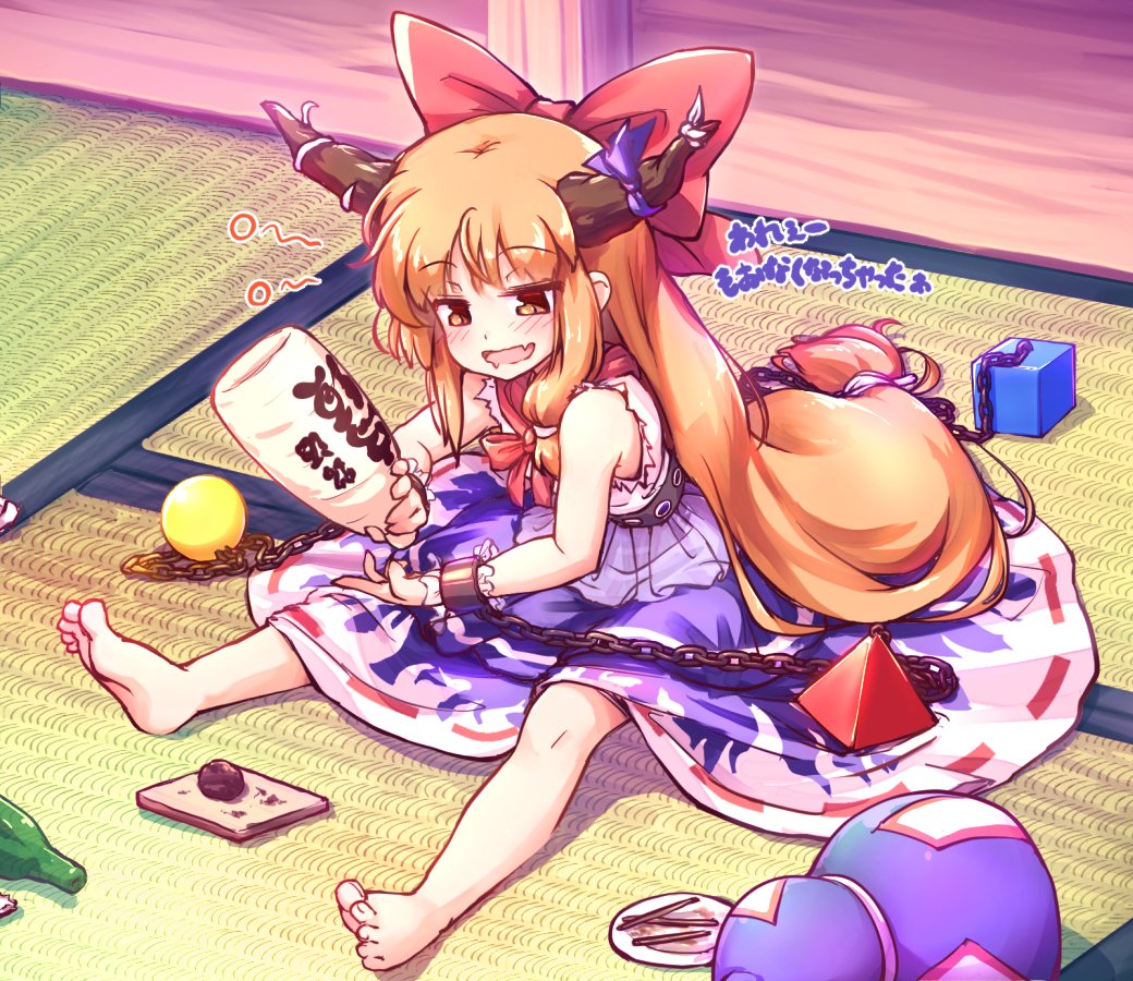 1girl bangs bottle bow bowtie cube cuffs eyebrows_visible_through_hair food gourd hair_bow holding holding_bottle horn_ornament horn_ribbon horns ibuki_suika indoors isu_(is88) long_hair looking_down low-tied_long_hair metal_belt open_mouth orange_eyes orange_hair plate purple_ribbon purple_skirt red_bow red_neckwear red_ribbon ribbon ribbon-trimmed_skirt ribbon_trim shackles shirt sitting skirt smile solo sphere tatami torn_clothes torn_sleeves touhou white_ribbon white_shirt wrist_cuffs