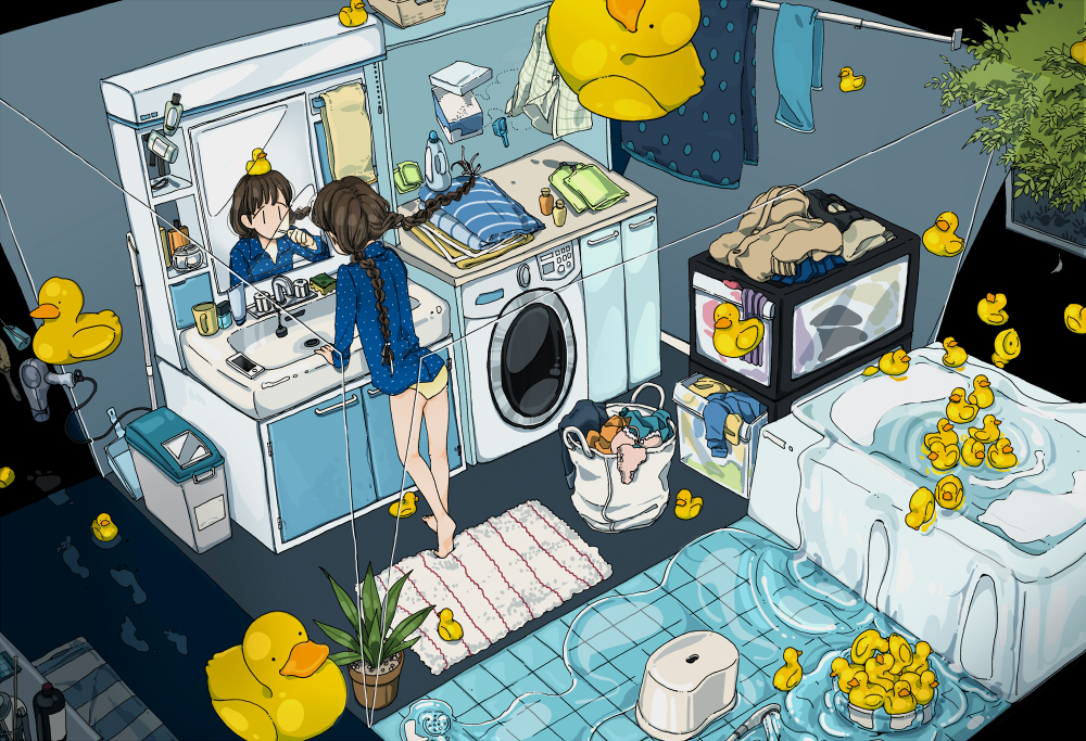 1girl bare_legs barefoot bathtub blue_shirt brushing_teeth floating_hair hasha indoors leaf long_sleeves original overflowing overflowing_bath panties phone plant potted_plant rubber_duck shirt solo surreal underwear washing_machine wide_shot yellow_panties