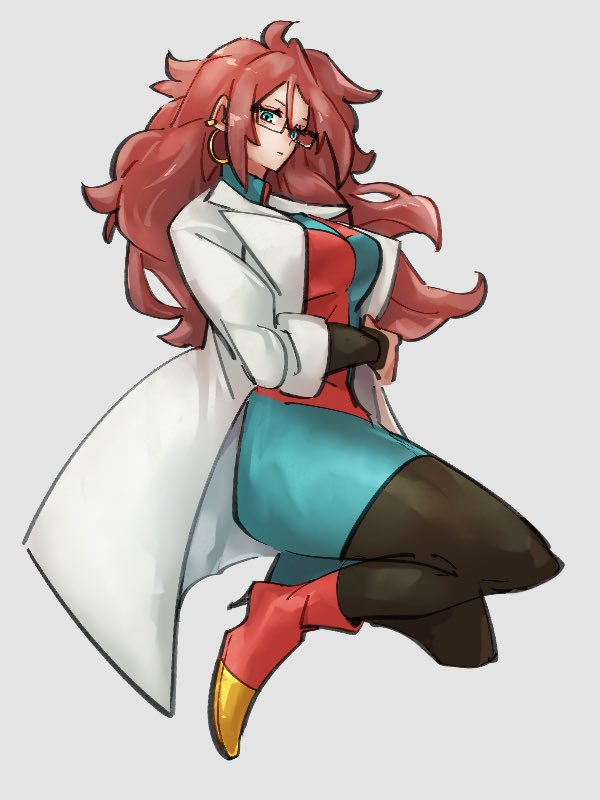 1girl android_21 blue_eyes boots breasts checkered checkered_dress closed_mouth dragon_ball dragon_ball_fighterz dress earrings full_body glasses grey_background hoop_earrings jewelry kemachiku labcoat long_hair looking_at_viewer medium_breasts red_footwear redhead simple_background solo