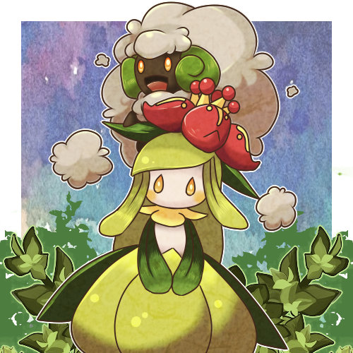 :d blush commentary_request cotton_ball gen_5_pokemon leaf lilligant looking_at_viewer lowres open_mouth orange_eyes pokemon pokemon_(creature) shuga_(mhwii) smile tongue whimsicott