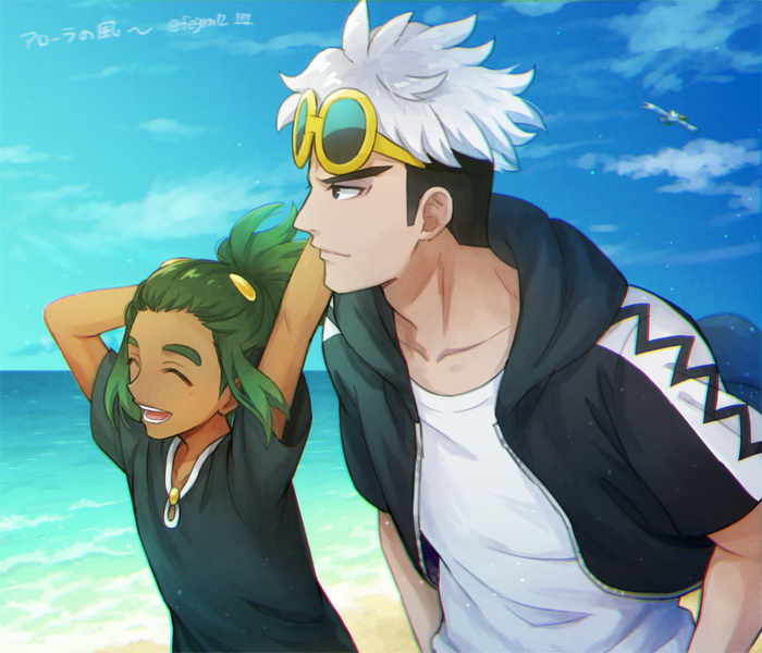 2boys beach black_hair black_hoodie black_shirt closed_eyes clouds commentary_request day eyewear_on_head gen_3_pokemon guzma_(pokemon) hau_(pokemon) hood hoodie male_focus multicolored_hair multiple_boys open_clothes open_hoodie open_mouth outdoors pokemon pokemon_(creature) pokemon_(game) pokemon_sm sand sewenan shirt shore short_sleeves sky smile sunglasses teeth tongue translation_request two-tone_hair undercut water white_shirt wingull yellow-framed_eyewear