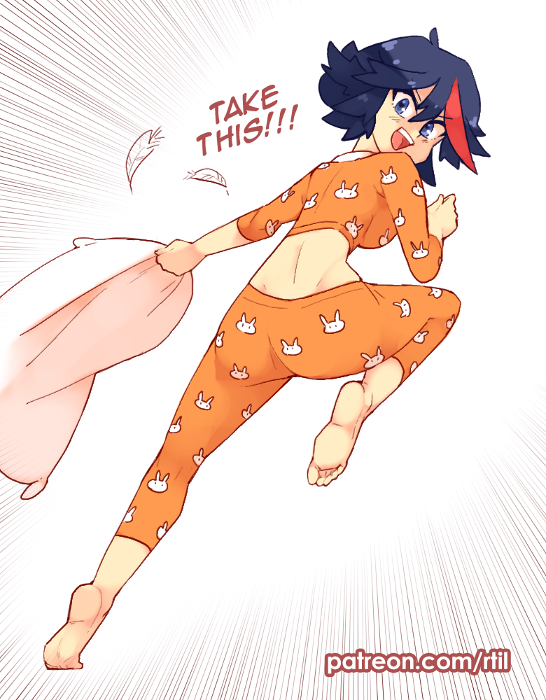 1girl animal_print black_hair blue_eyes blush bunny_print controller feathers feet highlights holding holding_pillow kill_la_kill looking_at_viewer matoi_ryuuko multicolored_hair pajamas pillow redhead rtil short_hair smile soles solo streaked_hair two-tone_hair