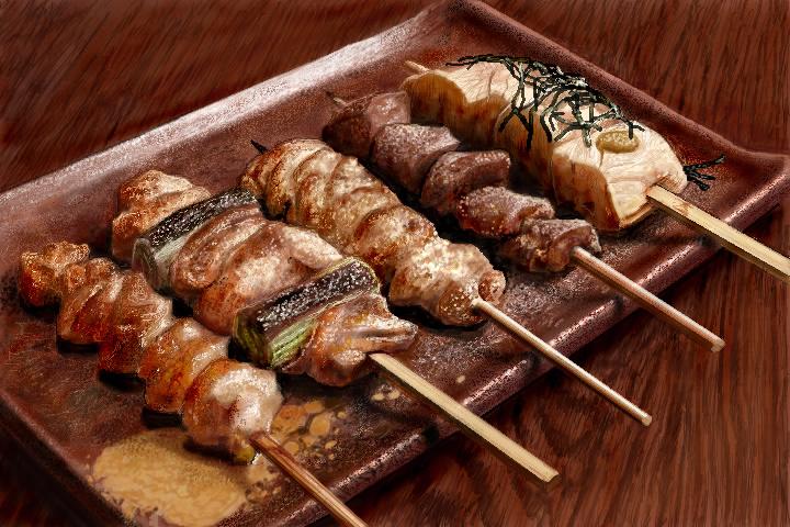 food food_focus garnish hokkaido_(artist) meat no_humans original plate seaweed simple_background still_life vegetable yakitori