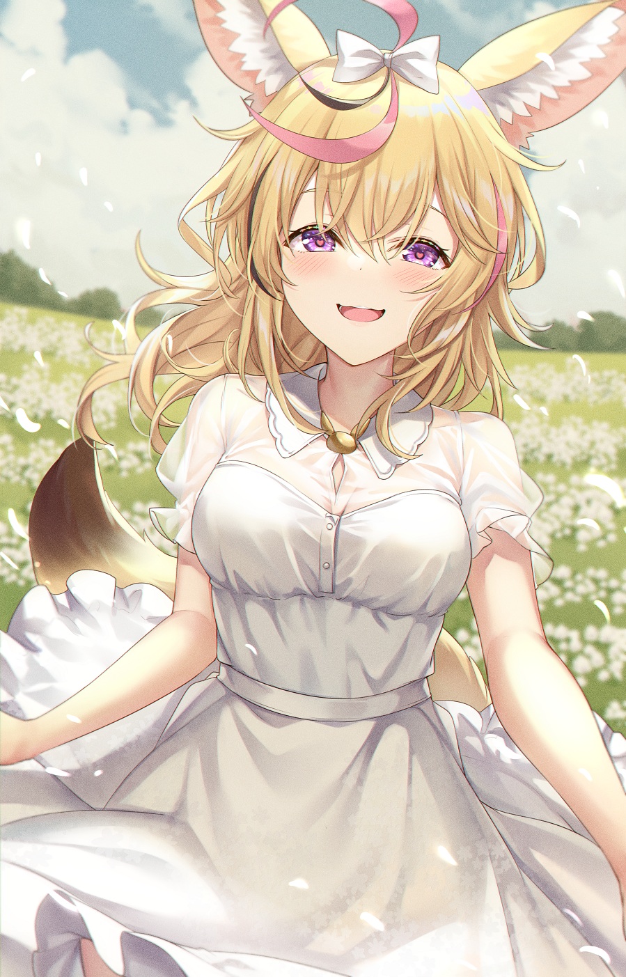 1girl :d ahoge animal_ear_fluff animal_ears blonde_hair blue_sky blush bow breasts casual clouds dress field flower flower_field fox_ears fox_tail hair_bow heart heart-shaped_pupils highres hololive horizon ks_(xephyrks) omaru_polka open_mouth sky smile symbol-shaped_pupils tail violet_eyes virtual_youtuber