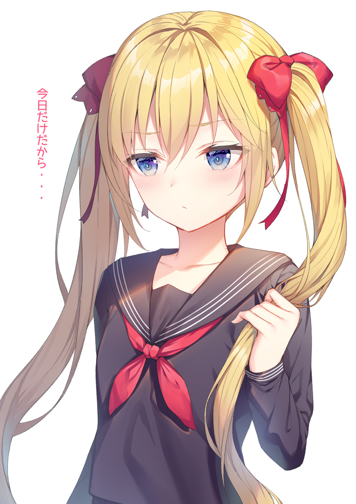 1girl alexmaster bangs black_sailor_collar black_shirt blonde_hair blue_eyes bow closed_mouth commentary_request eyebrows_visible_through_hair hair_between_eyes hair_bow long_hair long_sleeves looking_away neckerchief original red_bow red_neckwear sailor_collar school_uniform serafuku shirt solo translation_request twintails twintails_day upper_body very_long_hair