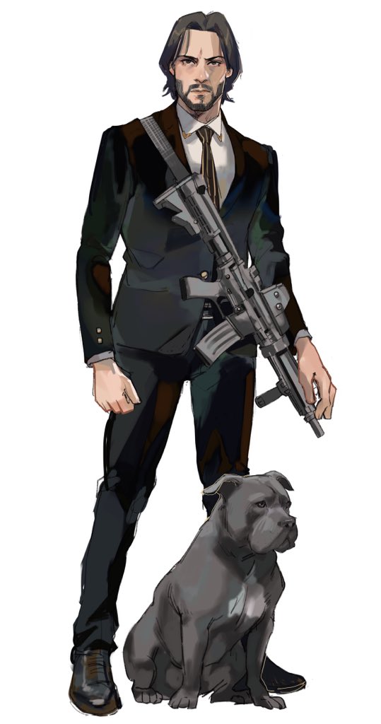 1boy animal arms_at_sides beard belt black_footwear black_hair black_jacket black_pants black_suit brown_neckwear closed_mouth collared_shirt commentary dog facial_hair formal full_body gun jacket john_wick john_wick_(character) looking_at_viewer male_focus mustache necktie pants serious shirt shoes short_hair simple_background solo standing striped striped_neckwear suit thisuserisalive vertical-striped_neckwear weapon weapon_request white_background white_shirt