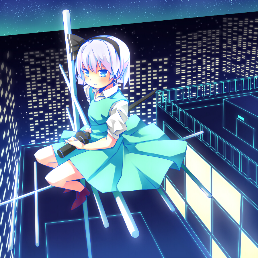 1girl bare_legs black_bow black_hairband blue_eyes blush bow brown_footwear collared_shirt commentary_request dress_shirt green_skirt green_vest hair_bow hairband holding holding_sword holding_weapon ikuya@ katana konpaku_youmu looking_at_viewer shirt shoes short_hair short_sleeves silver_hair skirt solo sword touhou vest virtual_reality weapon white_shirt