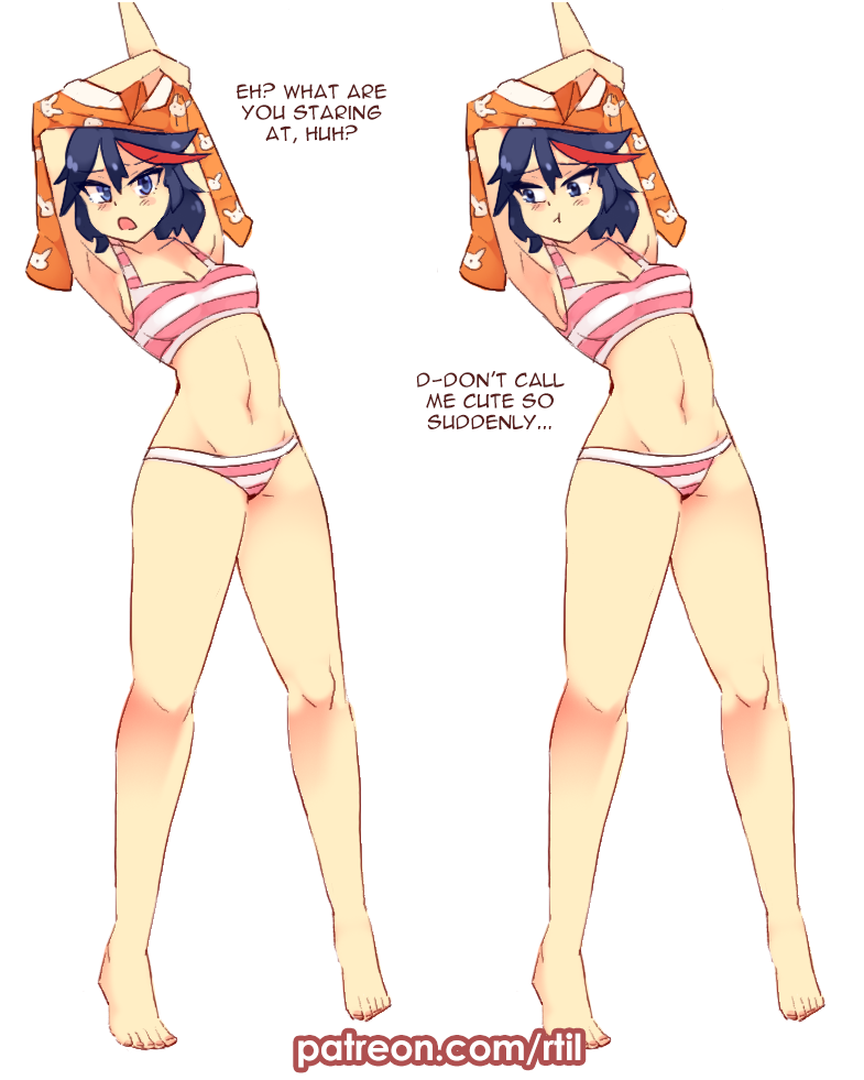 1girl animal_print black_hair blush bra bunny_print english_text feet highlights kill_la_kill matoi_ryuuko multicolored_hair navel pajamas panties redhead rtil short_hair streaked_hair striped striped_bra striped_panties two-tone_hair underwear undressing