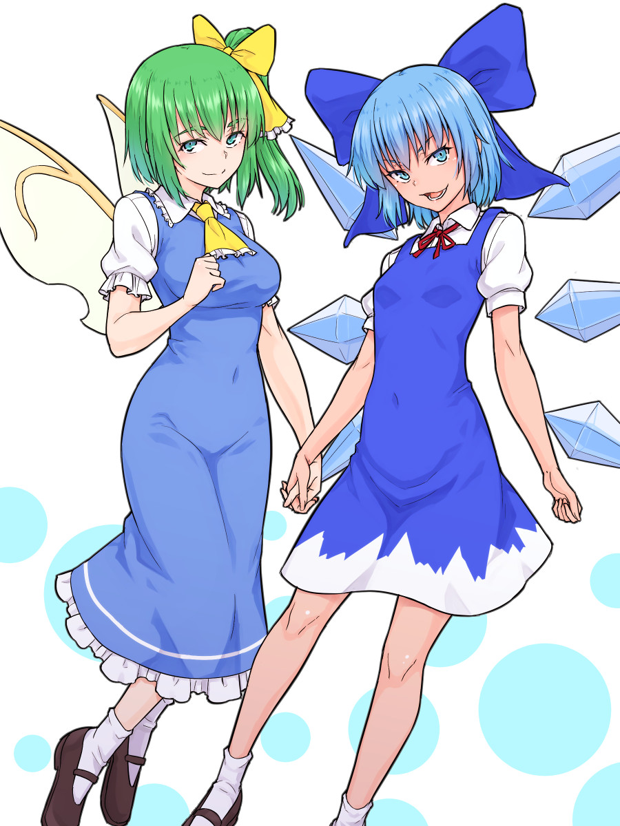 2girls ascot bangs black_footwear blue_bow blue_dress blue_eyes blue_hair bow breasts cirno closed_mouth collared_dress daiyousei dotted_background dress eyebrows_visible_through_hair fairy_wings frilled_ascot frilled_dress frills green_eyes green_hair hair_bow hair_ribbon highres holding_hands ice ice_wings kakone looking_at_viewer medium_breasts medium_hair multiple_girls neck_ribbon open_mouth red_neckwear red_ribbon ribbon short_hair short_sleeves side_ponytail small_breasts smile socks tanned_cirno touhou white_background white_legwear white_sleeves wings yellow_neckwear yellow_ribbon yellow_wings