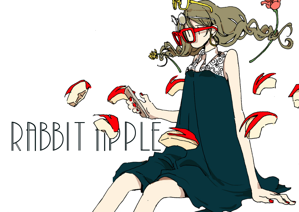 1girl apple apple_bunny apple_slice black_dress brown_hair dress floating floating_hair floating_object food fruit glasses hasha holding long_hair no_mouth no_nose original red-framed_eyewear red_nails sitting sleeveless sleeveless_dress solo white-framed_eyewear white_background yellow-framed_eyewear