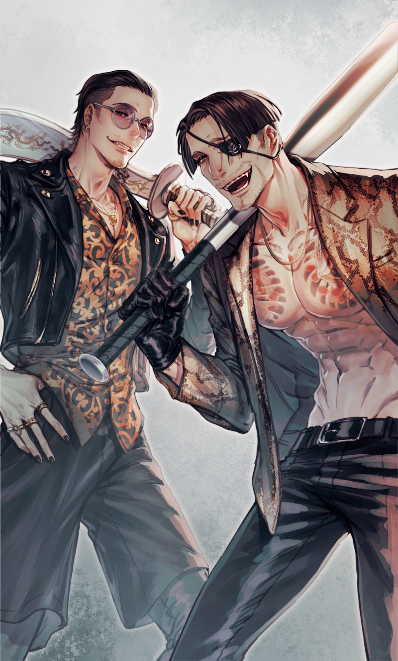 2boys abs baseball_bat black_eyepatch black_hair black_jacket black_pants black_shorts earrings eyepatch facial_hair fangs gloves gold_necklace grin hair_slicked_back highres holding holding_weapon hoop_earrings jacket jewelry jian_(weapon) jiao_mao leather leather_gloves leather_jacket leather_pants majima_gorou male_focus metal_baseball_bat multiple_boys multiple_rings open_clothes open_jacket pants print_jacket print_shirt ring ryuu_ga_gotoku ryuu_ga_gotoku_7 shirt short_hair shorts smile snake_print sunglasses sword tight tight_pants tinted_eyewear toned weapon yakuza zhao_tianyou