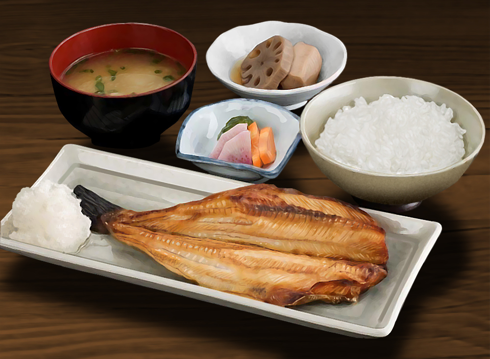 bowl carrot fish food food_focus hokkaido_(artist) lotus_root meat miso_soup no_humans original plate realistic rice saucer seafood soup still_life