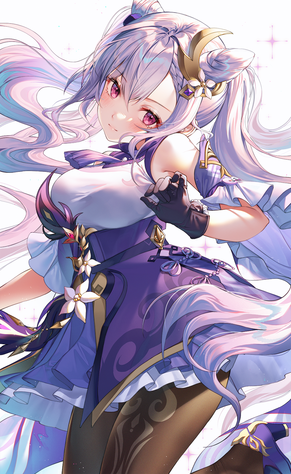 1girl bangs bare_shoulders black_gloves blue_hair blush breasts brown_legwear closed_mouth detached_sleeves dress eyebrows_visible_through_hair genshin_impact gloves hair_between_eyes hair_ornament hand_up head_tilt highres jewelry keqing_(genshin_impact) kinty large_breasts long_hair looking_at_viewer messy_hair multicolored multicolored_clothes pantyhose purple_dress short_sleeves sidelocks smile solo standing twintails violet_eyes white_background