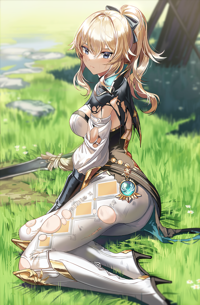 1girl bangs blonde_hair blue_capelet blue_eyelashes blue_eyes boots breasts capelet closed_mouth commentary_request detached_sleeves genshin_impact grass high_heel_boots high_heels jean_gunnhildr_(genshin_impact) large_breasts long_hair looking_at_viewer multicolored_capelet outdoors pants ponytail silence_girl sitting solo sword tight tight_pants torn_capelet torn_clothes torn_pants torn_sleeves vision_(genshin_impact) weapon white_pants yokozuwari