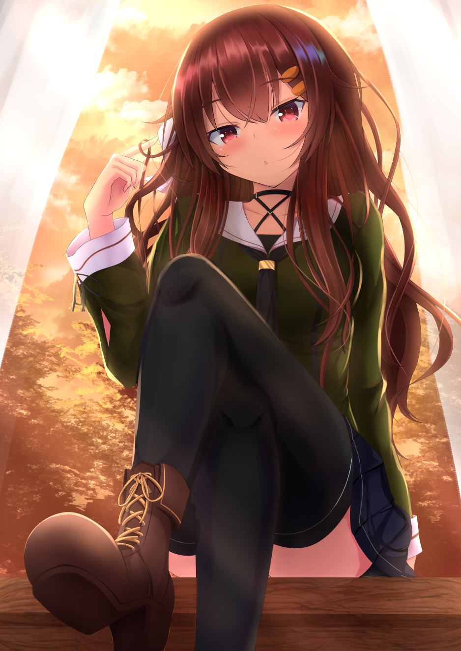 .live 1girl black_legwear blush boots clouds collarbone commentary_request curtains gajt69 hair_between_eyes hair_ornament hair_twirling hairclip highres looking_at_viewer red_eyes school_uniform sitting thigh-highs virtual_youtuber yaezawa_natori