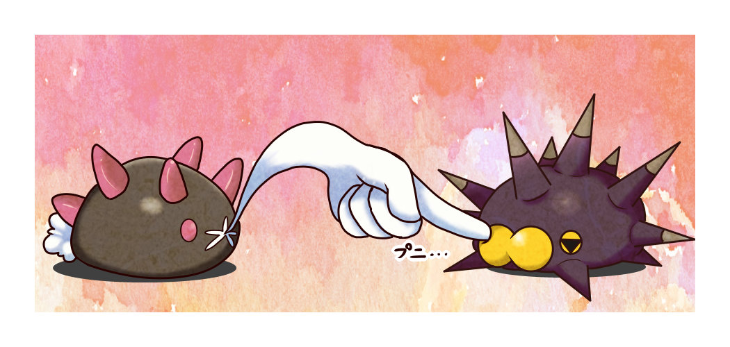 border commentary_request gen_7_pokemon gen_8_pokemon no_humans pincurchin pink_eyes pokemon pokemon_(creature) poking pyukumuku shuga_(mhwii) spikes unamused white_border