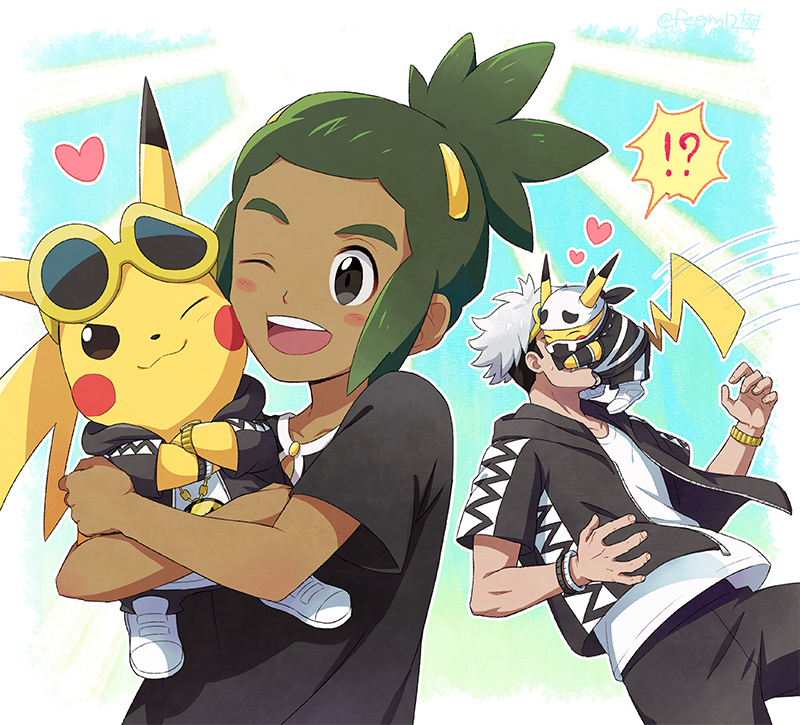 !? 2boys blush bracelet clothed_pokemon commentary_request gen_1_pokemon green_hair guzma_(pokemon) hau_(pokemon) heart holding holding_pokemon hood hoodie jewelry male_focus motion_lines multiple_boys one_eye_closed open_clothes open_hoodie open_mouth pants pikachu pokemon pokemon_(creature) pokemon_(game) pokemon_sm sewenan shirt short_sleeves smile spoken_interrobang sunglasses teeth tongue watch watch white_shirt yellow-framed_eyewear