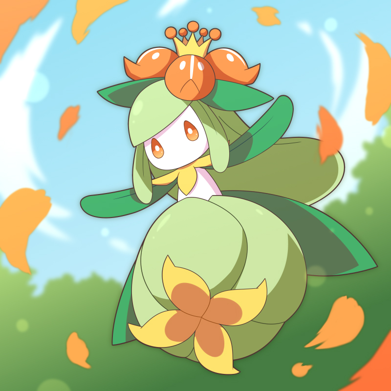 blurry clouds commentary_request day from_below full_body gen_5_pokemon lilligant lins_(kagekusa) no_humans orange_eyes outdoors outstretched_arms petals pokemon pokemon_(creature) sky solo