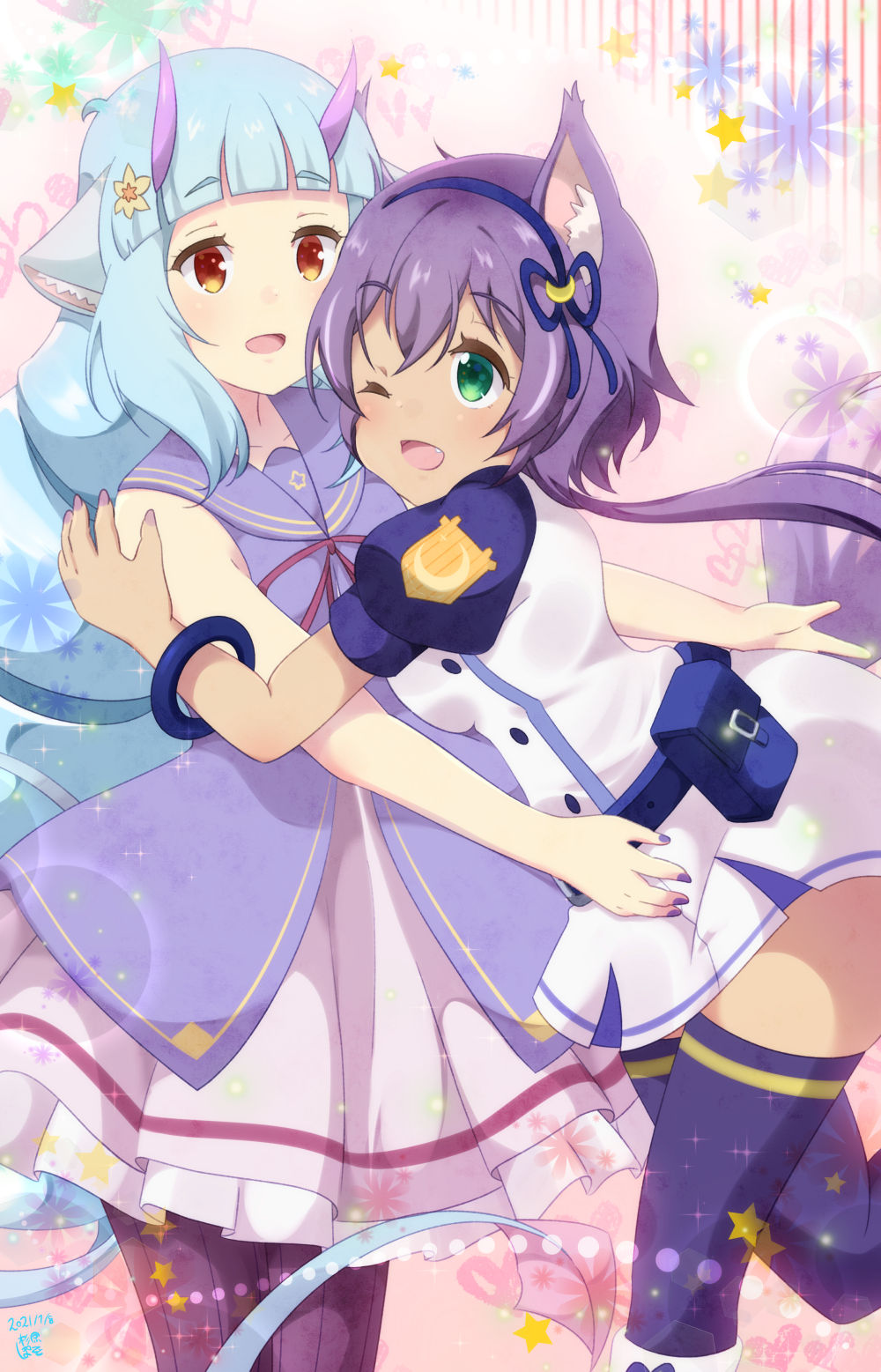 2girls animal_ears aosora_neko belt blue_hair blush bracelet commentary crescent crescent_hair_ornament delmin_(show_by_rock!!) dragon_tail dress drill_hair eye_contact fang floral_background flower green_eyes hair_flower hair_ornament hairband heart highres horns hug jewelry long_hair looking_at_another multiple_girls nail_polish one_eye_closed oni_horns open_mouth pouch purple_hair ruhuyu_(show_by_rock!!) show_by_rock!! skirt smile star_(symbol) tail thigh-highs very_long_hair wolf_ears wolf_girl yellow_eyes yuri