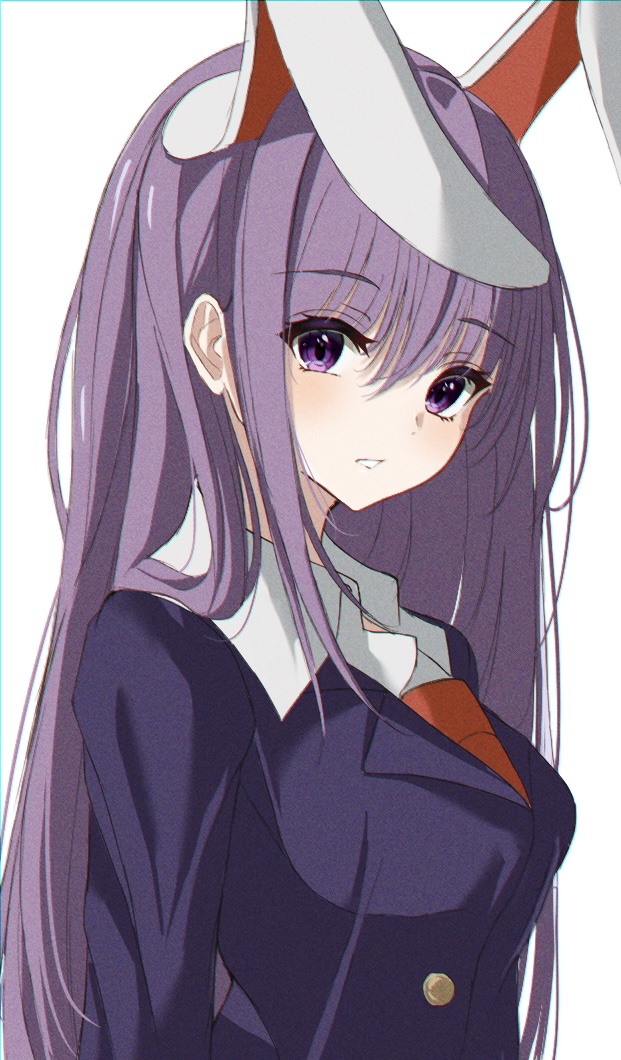 1girl animal_ears blue_border blue_jacket border breasts commentary dress_shirt expressionless eyebrows_visible_through_hair from_side hair_between_eyes jacket kure:kuroha large_breasts long_hair looking_at_viewer necktie parted_lips purple_hair rabbit_ears red_neckwear reisen_udongein_inaba shirt simple_background solo standing suit_jacket touhou upper_body very_long_hair violet_eyes white_background white_shirt