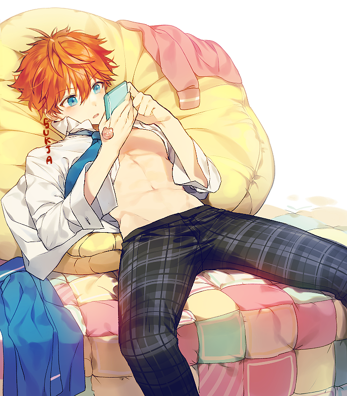 1boy akehoshi_subaru aqua_eyes aqua_neckwear artist_name bean_bag_chair bed blazer blush cellphone clothes_removed collared_shirt dress_shirt ensemble_stars! groin holding jacket keychain long_sleeves looking_at_phone lying male_focus navel necktie on_back open_clothes open_mouth open_shirt orange_hair pants phone pillow plaid plaid_pants quilt school_uniform shirt short_hair signature simple_background sitting smartphone solo spread_legs stomach sukja toned toned_male unbuttoned white_background white_shirt yumenosaki_school_uniform