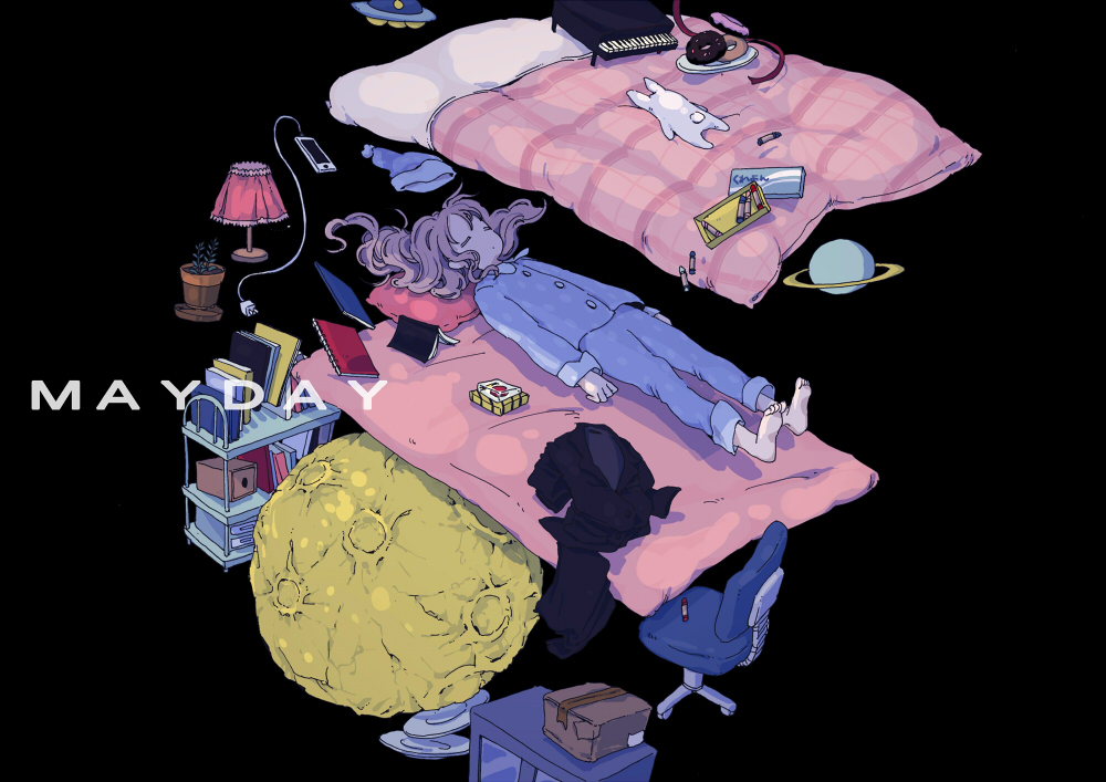 1girl bed black_background blue_pajamas box chair closed_eyes floating floating_hair floating_object hasha instrument lamp lying moon notebook on_back original pajamas piano pillow planetary_ring plant potted_plant shelf solo