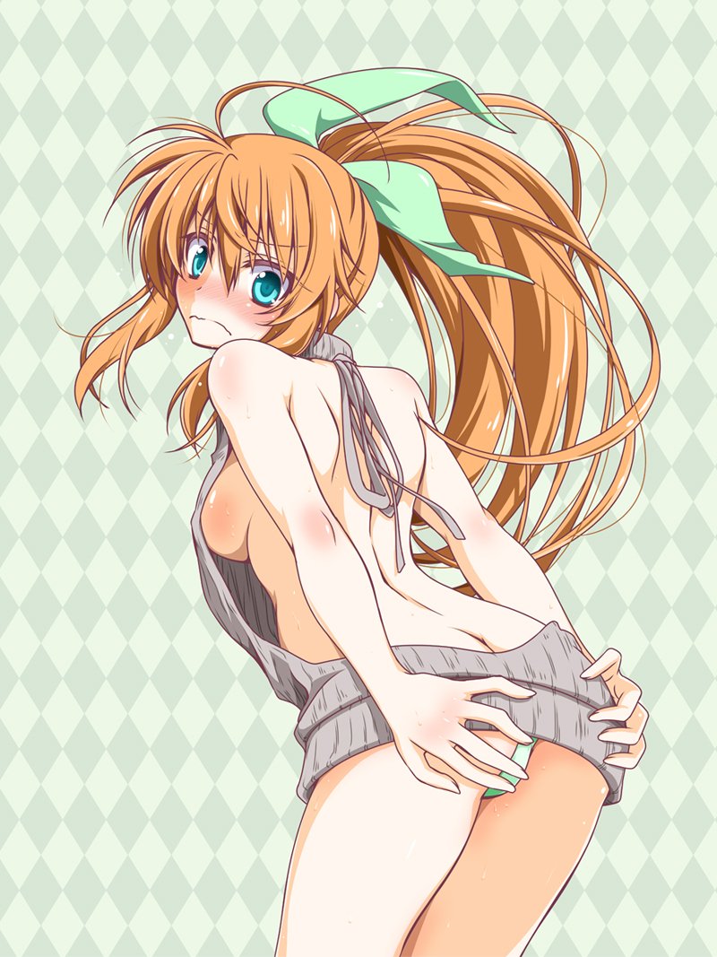 1girl ahoge alternate_hair_color argyle argyle_background ass back backless_dress backless_outfit bangs bare_back blush breasts butt_crack closed_mouth commentary_request covering covering_ass cowboy_shot dress embarrassed eyebrows_visible_through_hair from_behind frown fuuka_reventon green_background green_eyes green_panties grey_sweater halterneck kiriya_(aprikose_0312) leaning_forward long_hair looking_at_viewer looking_back lyrical_nanoha medium_breasts meme_attire orange_hair panties ponytail ribbed_sweater sideboob simple_background solo standing sweater sweater_dress turtleneck turtleneck_sweater underwear virgin_killer_sweater vivid_strike! white_background