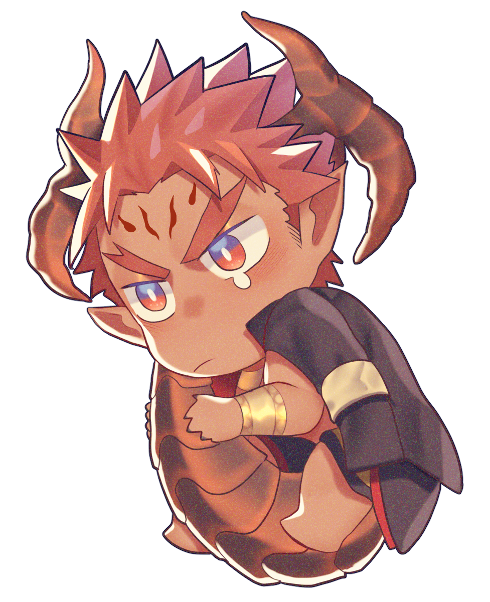 1boy animal_ears blue_eyes chibi dark_skin dark_skinned_male dragon_boy dragon_horns dragon_tail full_body gakuran highres horns ifrit_(tokyo_houkago_summoners) jacket jacket_on_shoulders kihane_atsusane male_focus multicolored multicolored_eyes orange_eyes orange_hair pointy_ears school_uniform short_hair solo spiky_hair tail tail_grab tearing_up tokyo_houkago_summoners