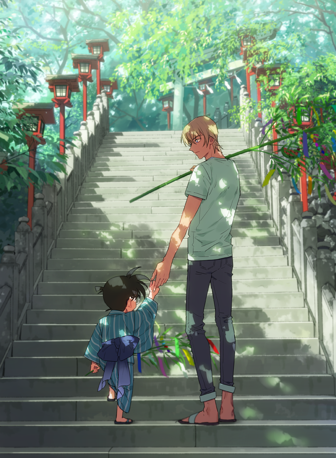 2boys amuro_tooru back_bow bangs black-framed_eyewear blonde_hair blue_bow blue_eyes blue_kimono blue_pants bow branch brown_hair carrying_over_shoulder casual child commentary_request dappled_sunlight day edogawa_conan from_behind full_body glasses hair_between_eyes holding holding_branch holding_hands japanese_clothes k_(gear_labo) kimono leg_up long_sleeves looking_at_another male_focus meitantei_conan multiple_boys outdoors pants sandals shadow shirt short_hair short_sleeves stairs stone_stairs striped sunlight tanabata tanzaku tree vertical-striped_kimono vertical_stripes walking white_shirt wide_sleeves