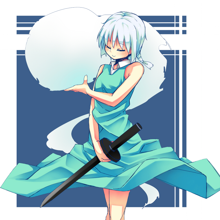 1girl adapted_costume alternate_hairstyle bare_arms bare_legs bare_shoulders blue_background closed_eyes collar collared_dress commentary_request cropped_legs dress eyebrows_visible_through_hair green_dress holding holding_sword holding_weapon ikuya@ konpaku_youmu konpaku_youmu_(ghost) no_hairband ponytail short_hair short_ponytail silver_hair simple_background sleeveless sleeveless_dress smile solo sword touhou weapon white_background white_collar