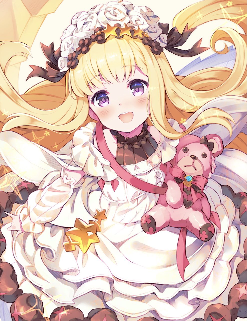 1girl :d bangs bear_bag black_ribbon blonde_hair cagliostro_(granblue_fantasy) commentary_request dot_nose dress eyebrows_visible_through_hair flower food frilled_dress frills granblue_fantasy hair_flower hair_ornament hair_ribbon hairband highres in_food lolita_hairband long_hair long_sleeves off_shoulder open_mouth pilokey ribbon rose simple_background smile solo star_(symbol) star_hair_ornament violet_eyes white_background white_dress white_flower white_rose