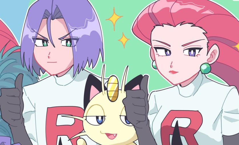 1boy 1girl bangs blue_eyes closed_mouth commentary_request earrings fang gen_1_pokemon gi_xxy gloves green_eyes hair_between_eyes hand_up james_(pokemon) jessie_(pokemon) jewelry lipstick long_hair makeup meowth outline pokemon pokemon_(anime) pokemon_(creature) purple_hair red_lips team_rocket team_rocket_uniform thumbs_up turtleneck