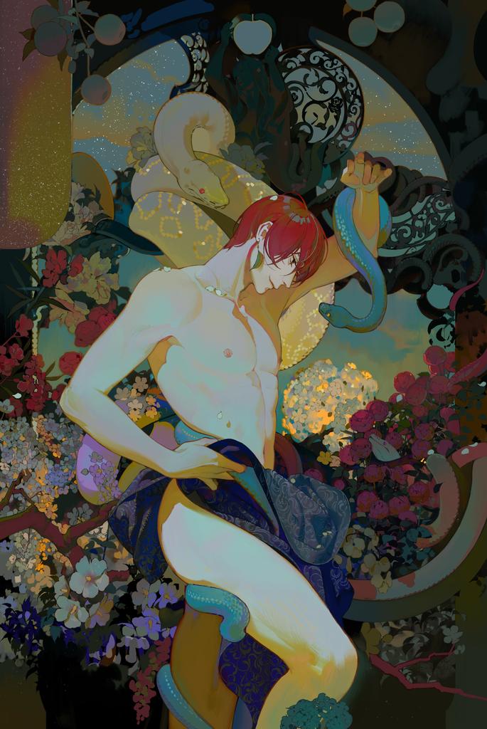 1boy apple arm_up earrings feet_out_of_frame flower food fruit jewelry nipples nude original petals plant profile quruiqing red_flower redhead short_hair smile snake solo white_flower