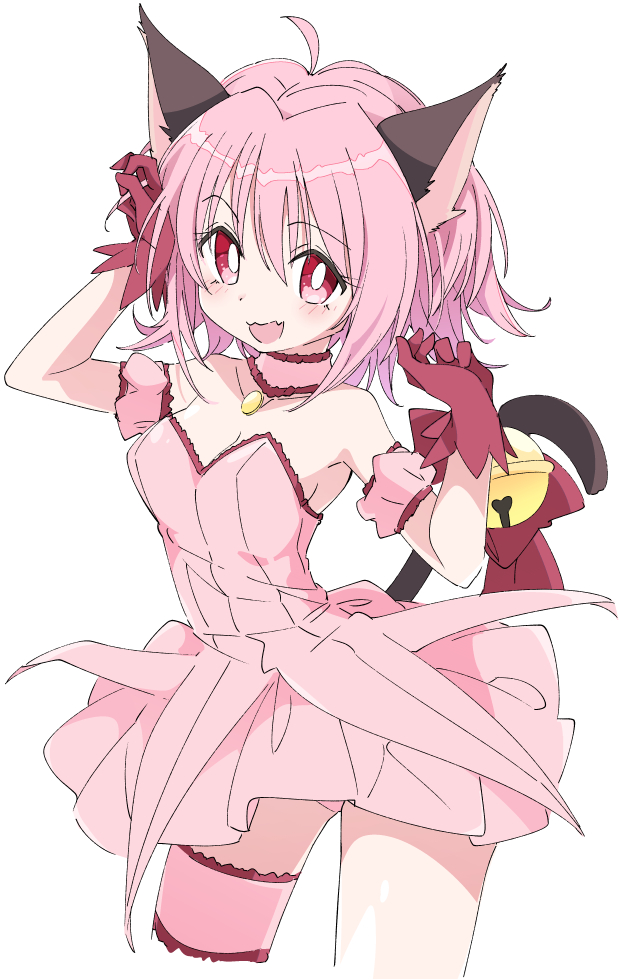 1girl ahoge animal_ears bangs bell cat_ears cat_tail choker dress eyebrows_visible_through_hair gloves hands_up ixy long_hair magical_girl mew_ichigo momomiya_ichigo open_mouth pink_choker pink_dress pink_hair red_eyes red_gloves short_hair simple_background smile solo tail tail_bell tail_ornament tokyo_mew_mew white_background