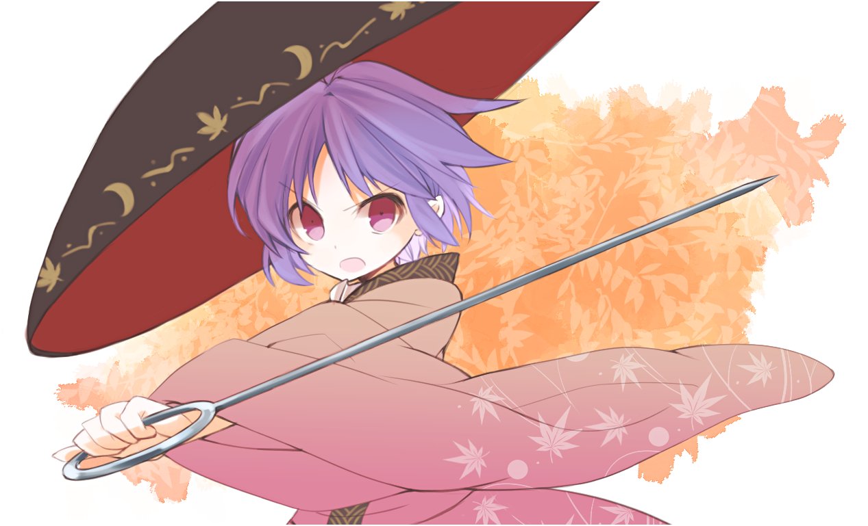 1girl black_headwear bowl bowl_hat commentary_request hat holding japanese_clothes kimono leaf leaf_background leaf_print long_sleeves looking_at_viewer moi2m3 needle needle_sword open_mouth print_kimono purple_hair red_kimono sewing_needle short_hair solo sukuna_shinmyoumaru touhou upper_body violet_eyes white_background wide_sleeves