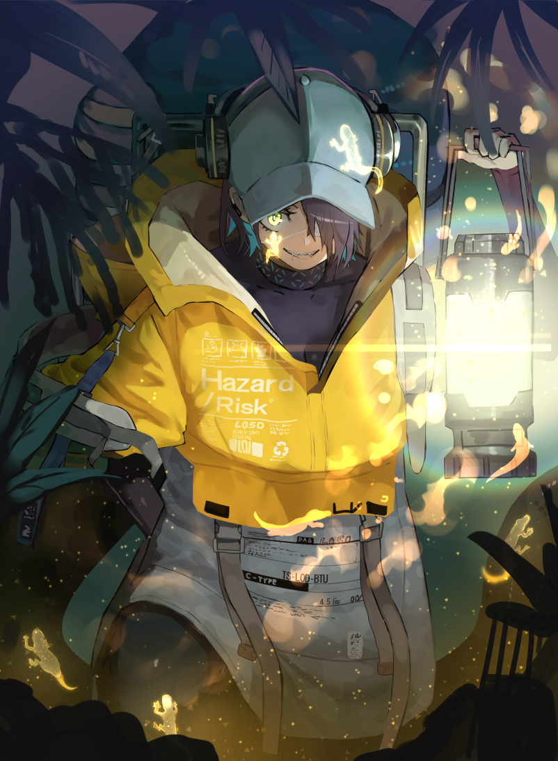 1girl arknights asbestos_(arknights) baseball_cap black_bodysuit blue_hair blue_headwear bodysuit bodysuit_under_clothes closed_mouth clothes_writing commentary cowboy_shot eyepatch glowing green_eyes grin hair_between_eyes hair_over_one_eye hand_on_hip hat headphones holding holding_lantern jacket lantern light_particles looking_at_viewer mannouyakunta medical_eyepatch partially_unzipped sharp_teeth short_hair smile solo teeth yellow_jacket