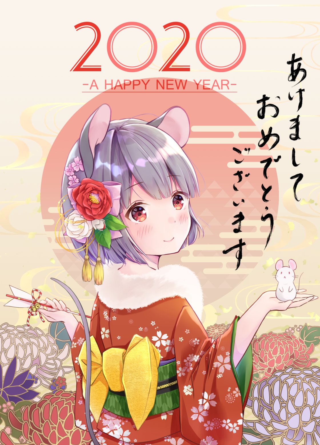 1girl 2020 akeome animal animal_ears arrow_(projectile) bangs blunt_ends bob_cut chinese_zodiac chrysanthemum closed_mouth commentary_request egasumi english_text eyebrows_visible_through_hair flower from_behind fur_scarf grey_hair hair_flower hair_ornament happy_new_year highres holding holding_animal holding_arrow japanese_clothes kimono long_sleeves looking_at_viewer looking_back mouse mouse_ears mouse_girl mouse_tail nagiyu_(shirokuma_village) nazrin new_year obi red_eyes red_kimono rising_sun sash short_hair smile solo standing sunburst tail touhou translated uroko_(pattern) wide_sleeves year_of_the_rat