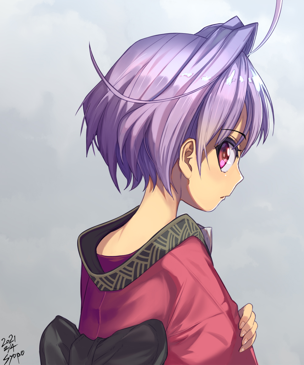 1girl back from_behind from_side highres japanese_clothes kimono long_sleeves looking_back multicolored_hair nape neck obi profile purple_hair red_kimono sash shope shoulder_blades solo streaked_hair sukuna_shinmyoumaru touhou wide_sleeves