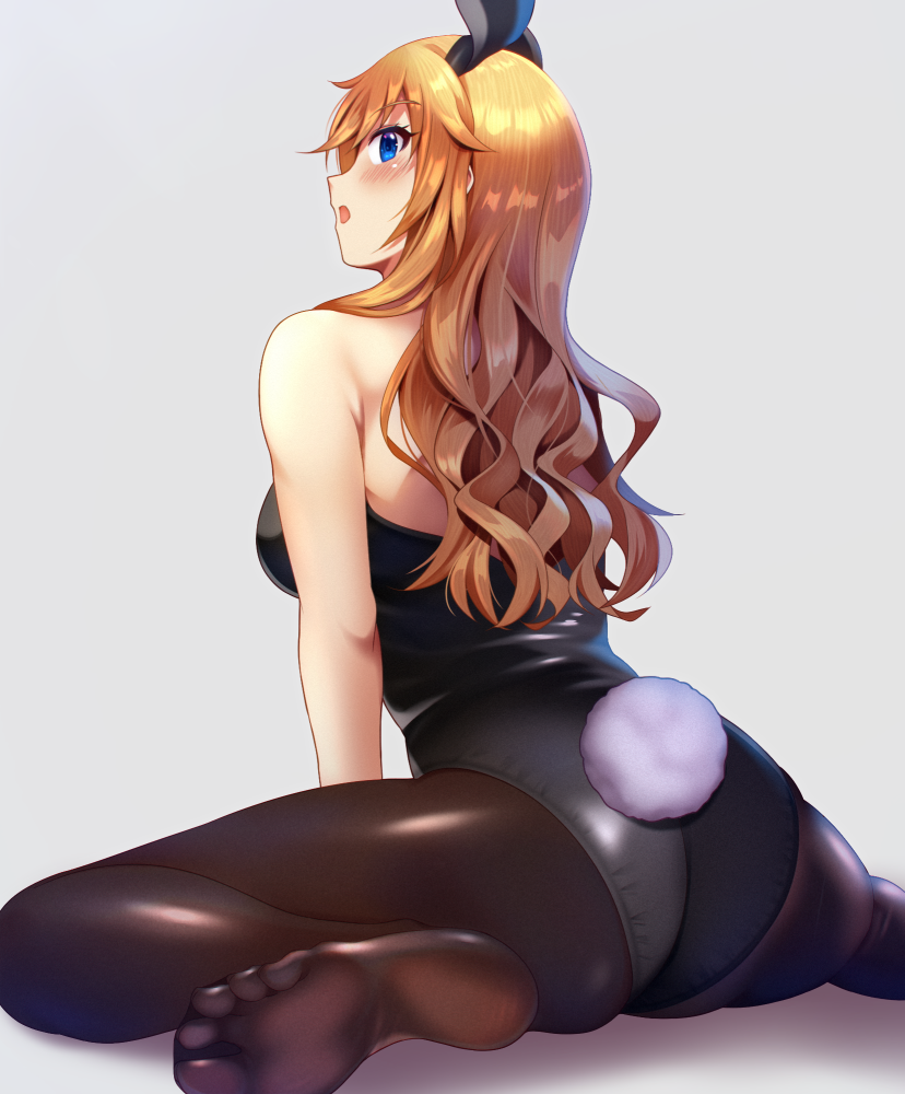 1girl animal_ears back bare_shoulders blonde_hair blue_eyes blush breasts bunny_tail eyebrows_visible_through_hair fake_animal_ears fake_tail idolmaster idolmaster_cinderella_girls long_hair looking_back no_shoes ootsuki_yui open_mouth pantyhose playboy_bunny rabbit_ears simple_background sitting soles solo tail wariza z.nov
