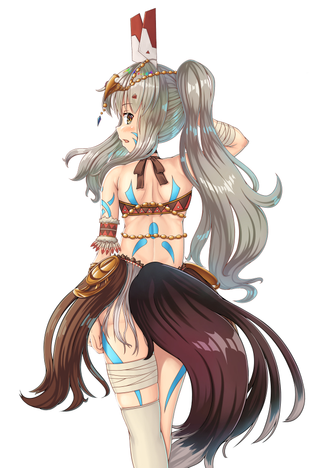 1girl asymmetrical_legwear ayanami_(azur_lane) azur_lane bandages bare_shoulders dastar_(mwelt1390) from_behind headgear long_hair looking_at_viewer looking_back silver_hair simple_background single_thighhigh solo tail tattoo thigh-highs tribal white_background white_legwear yellow_eyes